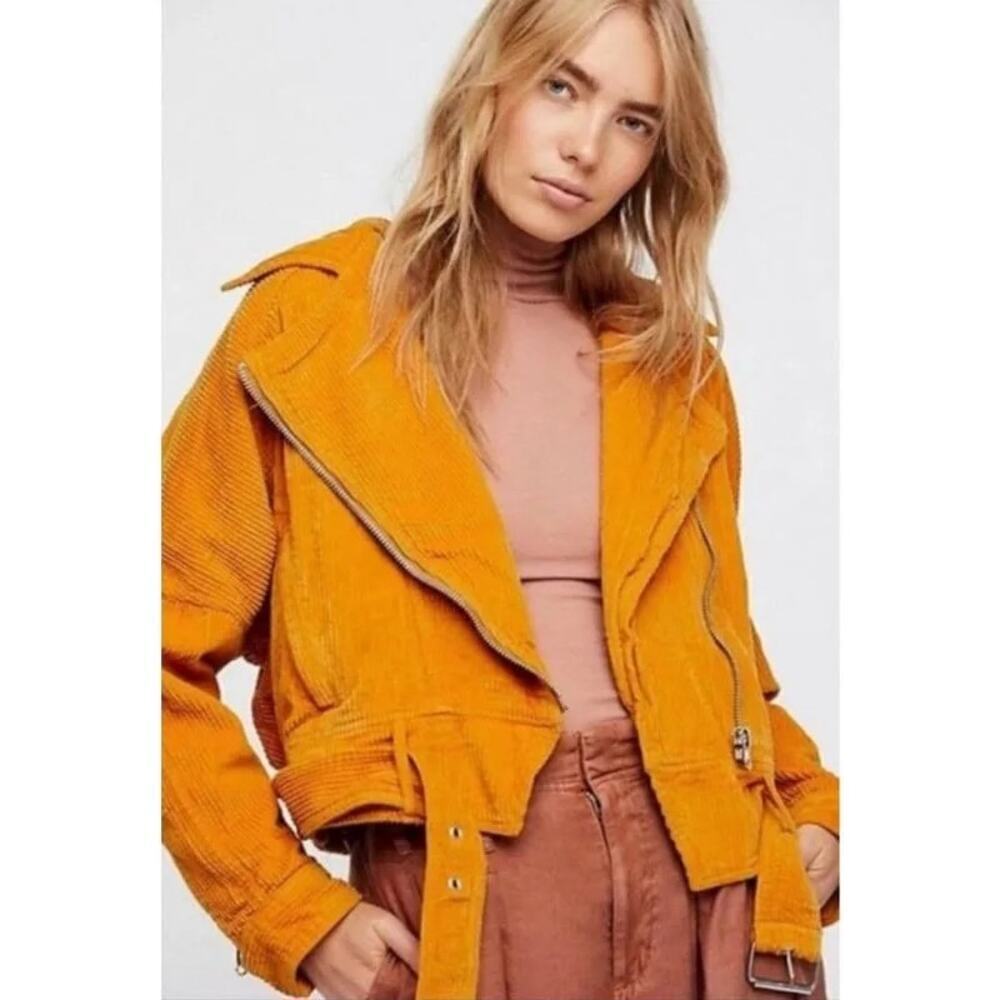 Free People Slouchy Corduroy Dolman Moto Jacket Belted Zip Cuff Buckle Size M